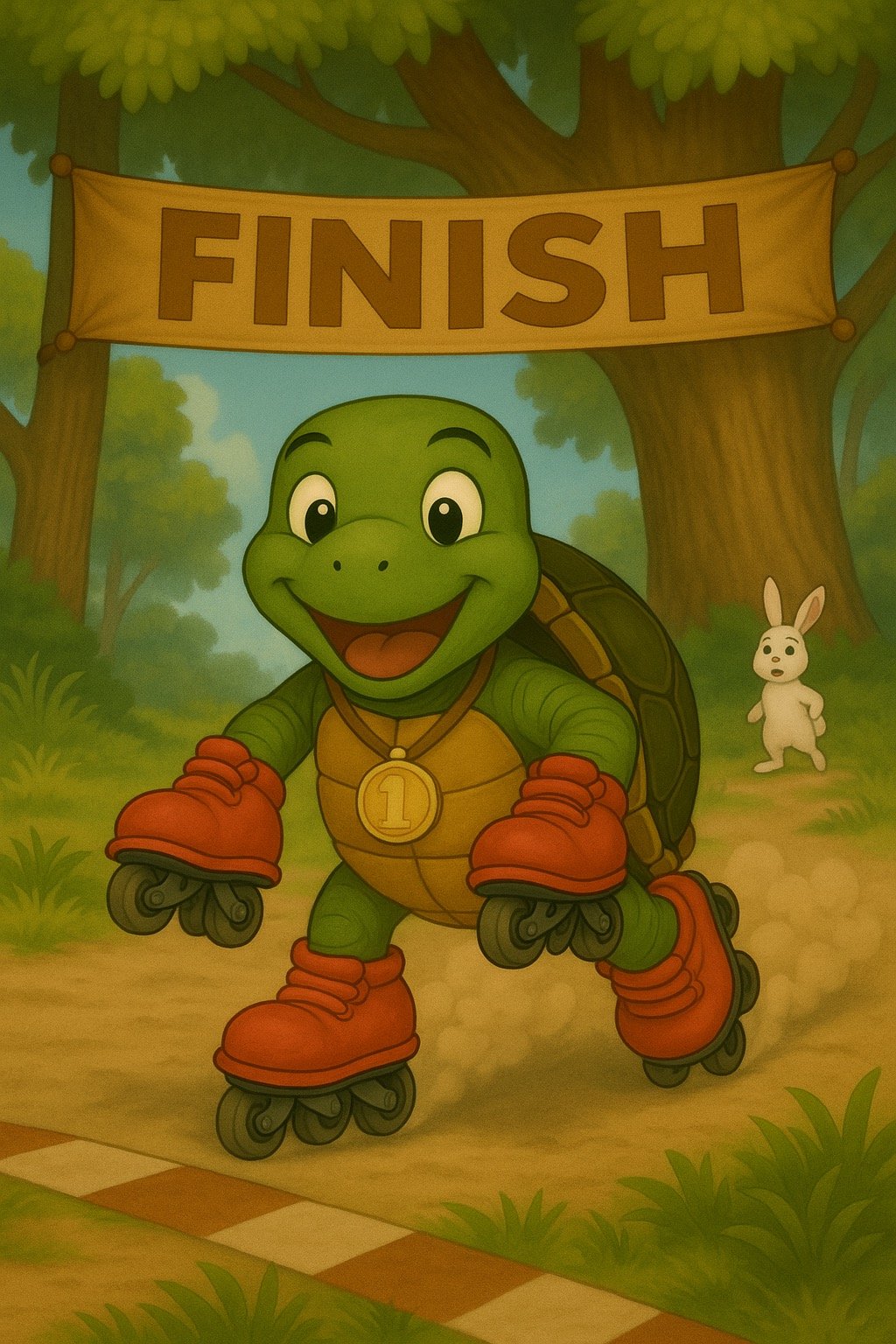乌龟先到终点（胸前的奖牌是多余的）