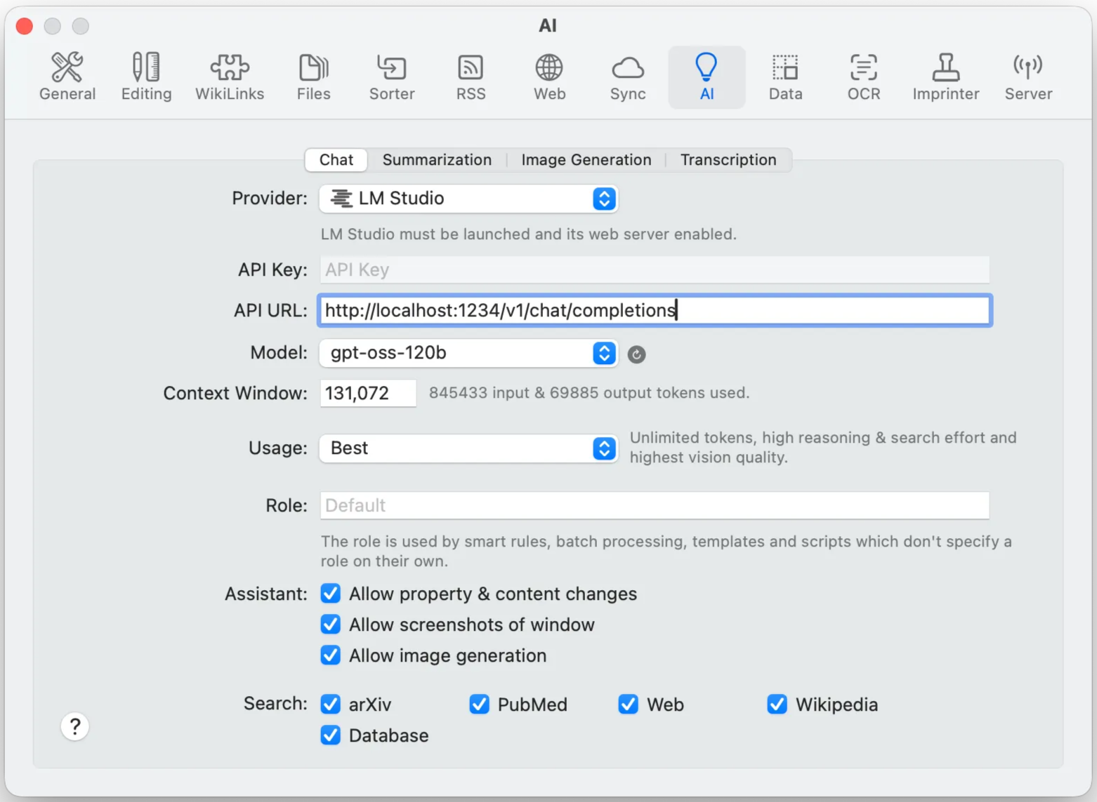 配置DEVONthink 4.1使用gpt-oss-120b模型