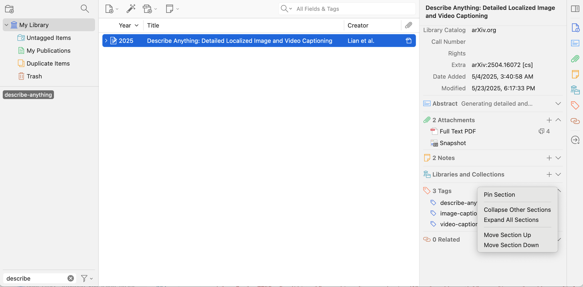 Pin Section之后,点击文献标签显示在右上方
